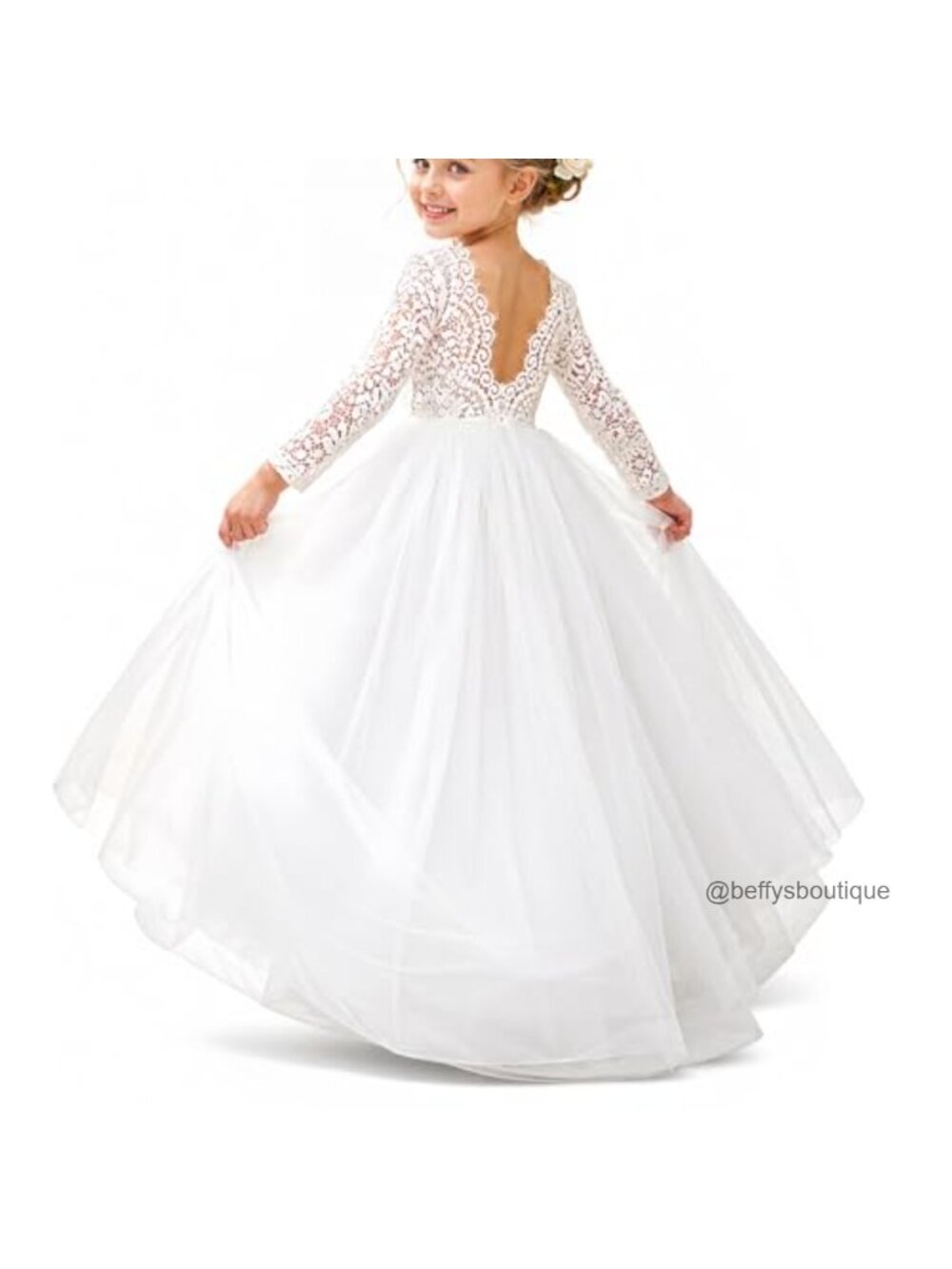 Flower Girl Dress Long Sleeve Lace Tulle Maxi Gown Wedding Party